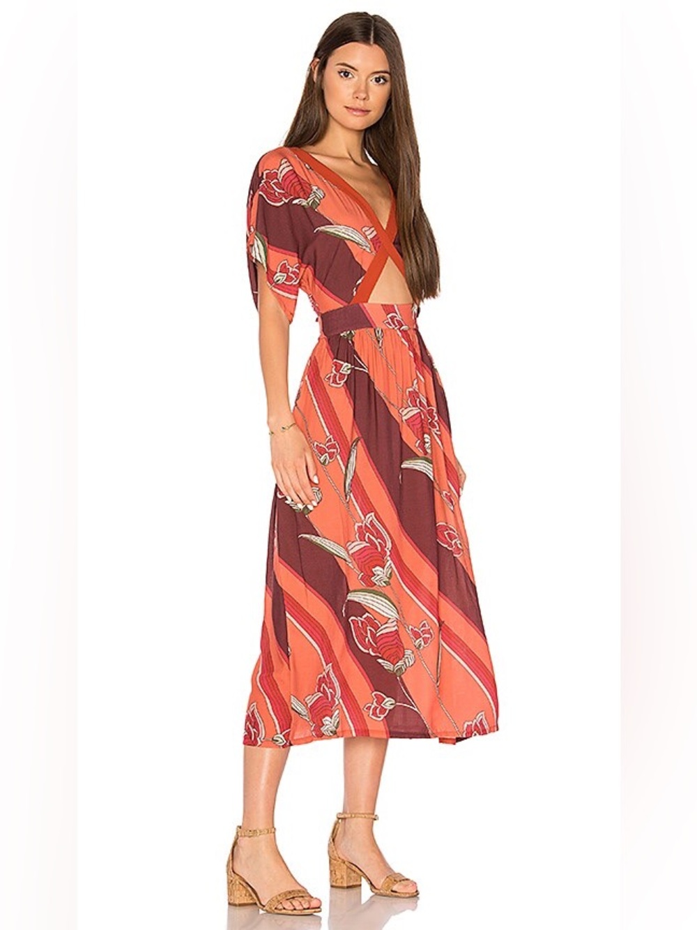Novella Royale Floral Midi Cut Out V Neck Red Pink Resortwear Dress Size Medium
